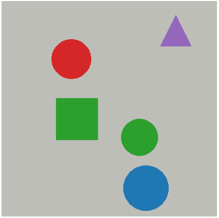 A scene with five coloured shapes on a grey table: a red circle, a purple triangle, a green square, a green circle and a blue circle